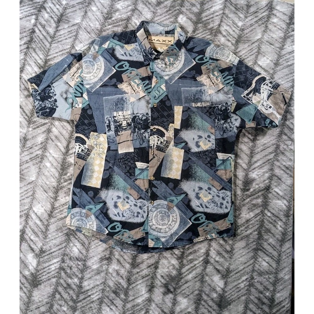 VTG Maxx FM Shirt Mens Large L Linen Blend AOP Hand Drawn Artsy 80s 90s Made USA